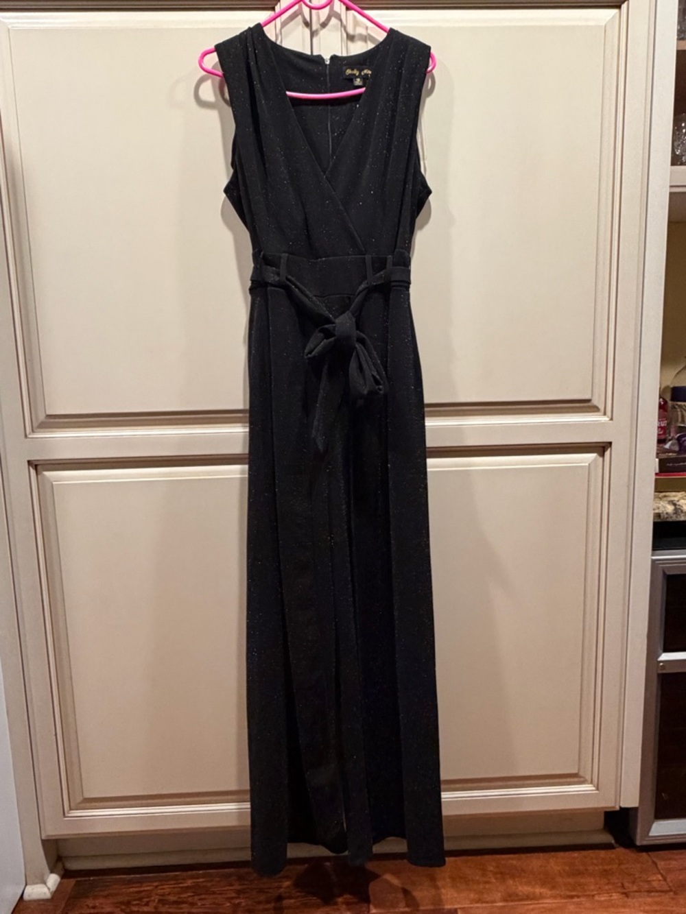 Sleeveless Black Sparkle Maxi Jumpsuit with Waist Tie
